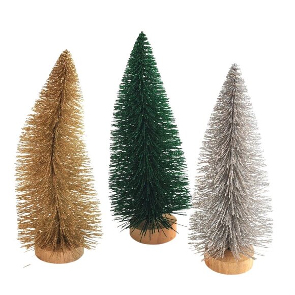 Bottle Brush Trees In Gold Green & Silver Set Of 3, 8"  With Wooden Base For Ho - Picture 1 of 4